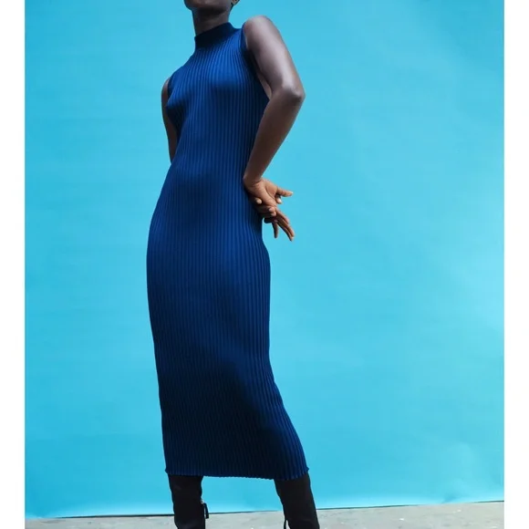 Zara | Dresses | Nwt Zara Ribbed Midi Blue Dress Size Xss | Poshmark